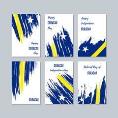 Curacao Patriotic Cards for National Day. Expressive Brush Stroke in National Flag Colors on white card background. Curacao Patriotic Vector Greeting Card.