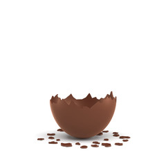 3d rendering of a hollow chocolate egg cracked in half on white background.