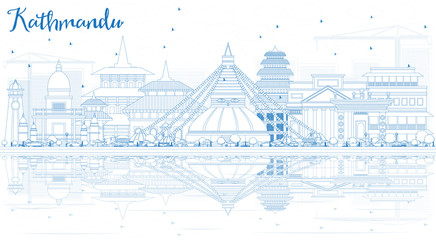 Outline Kathmandu Skyline with Blue Buildings and Reflections.