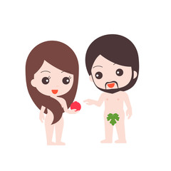 naked adam and eve illustration, while eve giving fruit of knowledge to adam in genesis, flat design vector