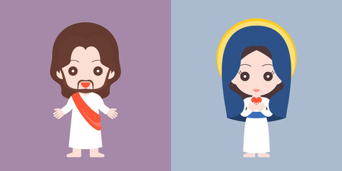 Jesus and Mary cute character, flat design vector illustration