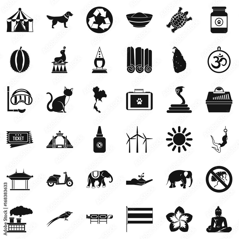 Poster clever elephant icons set, simple style