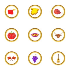 Spanish culture icons set, cartoon style