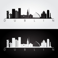 Naklejka premium Dublin skyline i zabytki sylwetka, czarno-biały design, ilustracji wektorowych.