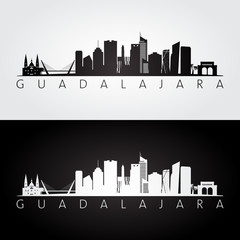 Guadalajara skyline and landmarks silhouette, black and white design, vector illustration.