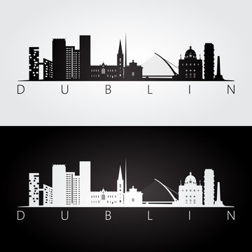 Dublin skyline and landmarks silhouette, black and white design, vector illustration.