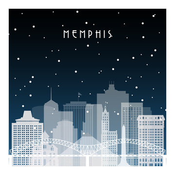 Winter night in Memphis. Night city in flat style for banner, poster, illustration, game, background.
