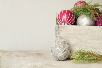 Christmas balls in a wooden vintage box.