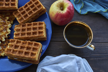 Coffee and Waffle on blue plate