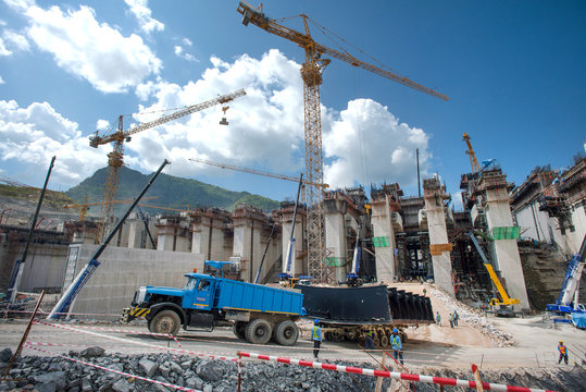 Truck Carrry Heavy Construction Building Xayaburri Dam, Xayaburi, Laos	