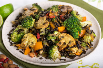 Closeup  shot of healthy Vegan Mix of Broccoli Wild Rice and Lentils dish