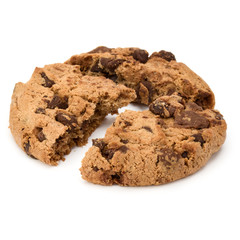 One broken Chocolate chip cookie isolated on white background. Sweet biscuit crumbs. Homemade pastry.