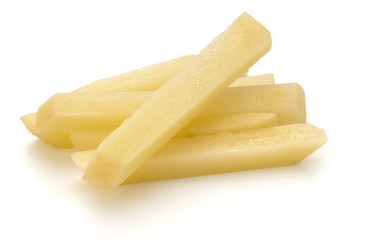 Raw Potato sliced strips prepared for French fries isolated on white background