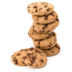 Stacked Chocolate chip cookies isolated on white background. Sweet biscuits. Homemade pastry.