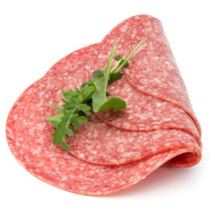 Salami smoked sausage slices isolated on white background