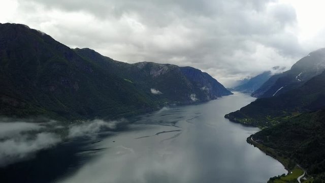View to Fjord and water from drone on air Norway