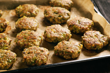 Turkey fritters with broccoli and leek , cooking process.