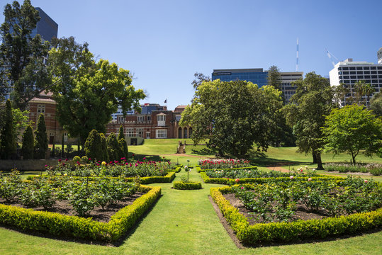 Flower beds in landscaped gardens at Government House in Perth City