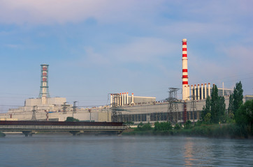 View of the nuclear power plant. Industrial landscape.