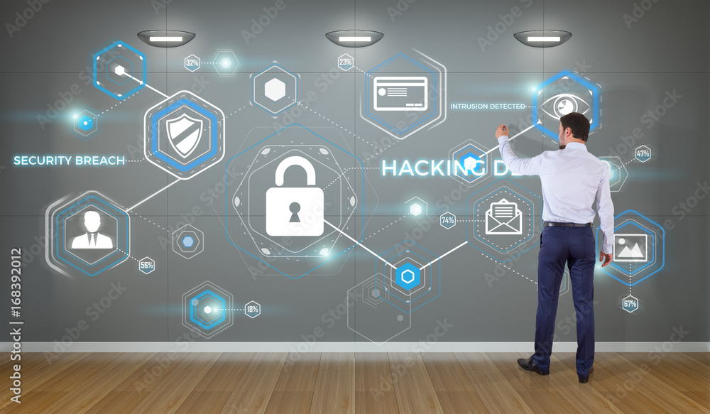 Aufkleber businessman using antivirus interface on a wall 3d rendering