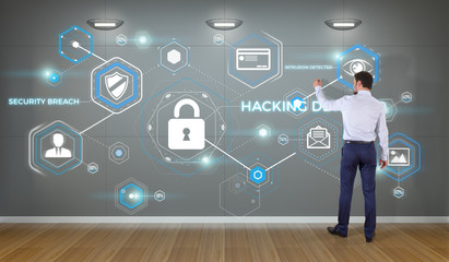 Businessman using antivirus interface on a wall 3D rendering