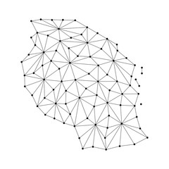 Tanzania map of polygonal mosaic lines network, rays and dots vector illustration.