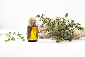 Organic essential thyme oil with green leaves