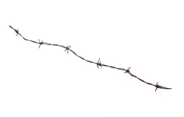 Old security barbed wire fence isolated on white background