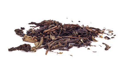 Dry black tea leaves isolated on white
