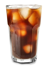 Glass with cold brew coffee on white background