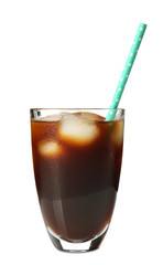 Glass with cold brew coffee and straw on white background