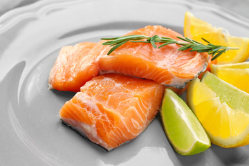 Fresh salmon fillet with rosemary and citrus fruits on plate