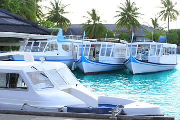 Fototapeta premium Berth with modern boats at tropical resort