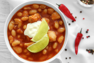 Delicious turkey chili in bowl, closeup