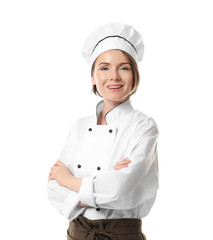 Female chef on white background