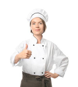 Female chef on white background