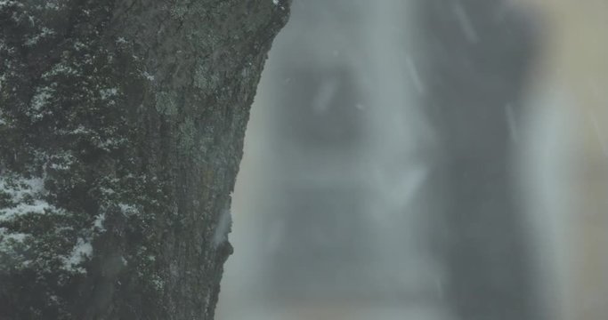 background of snow falling in small town shot from window