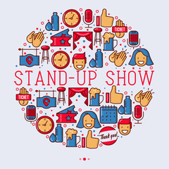 Stand up comedy show concept in circle with thin line icons. Vector illustration for banner, web page, print media.