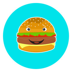 Flat colorful kids smiling hamburger character. Cute laughing burger character sign for bar, cafe, restaurant menu and web advertisement design