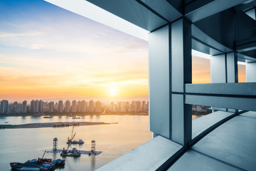 empty office interior at sunset with beautiful view