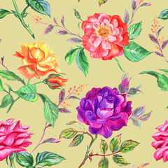 Watercolor seamless pattern of roses and twigs.