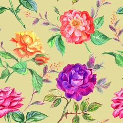 Poster Watercolor seamless pattern of roses and twigs. © Ollga P
