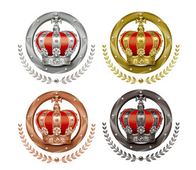 Illustration of the crown. Four icons. / Gold, silver, bronze badges.
