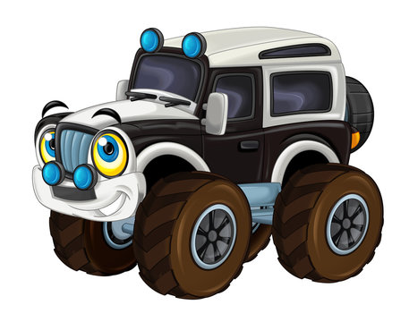 cartoon happy and funny off road military truck looking like monster truck / smiling vehicle 