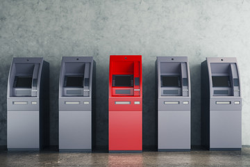 Grey and red ATM in concrete interior - obrazy, fototapety, plakaty