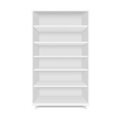 Blank empty showcase display with retail shelves. Front view. Vector mock up template ready for your design.