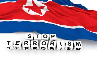North Korean flag and text stop terrorism.