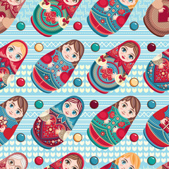 Naklejka premium Russian souvenir. Matryoshka - babushka doll. Seamless pattern. Vector