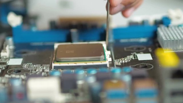 Removing And Replacing computer processor (CPU). Installing and removing computer processor (CPU). Technician plug in  microprocessor to motherboard socket.