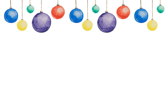 Several Christmas multi-colored balls painted with watercolors hanging on threads on a white background